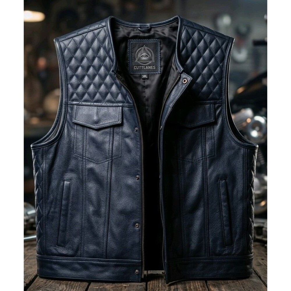 Cuttlanes Mens 3XL Navy Blue Leather Diamond Quilted Biker Motorcycle Vest CCW